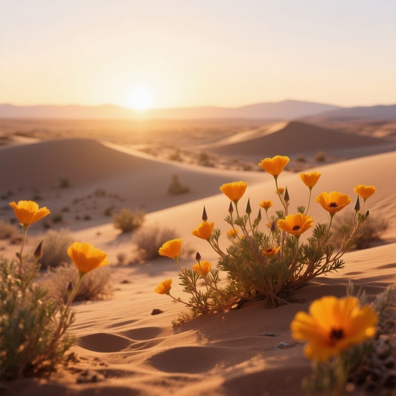 A Serene Desert Landscape At Dawn Where Hardy Desert Marigolds Bloom Among Sand Dunes, Warm Golden