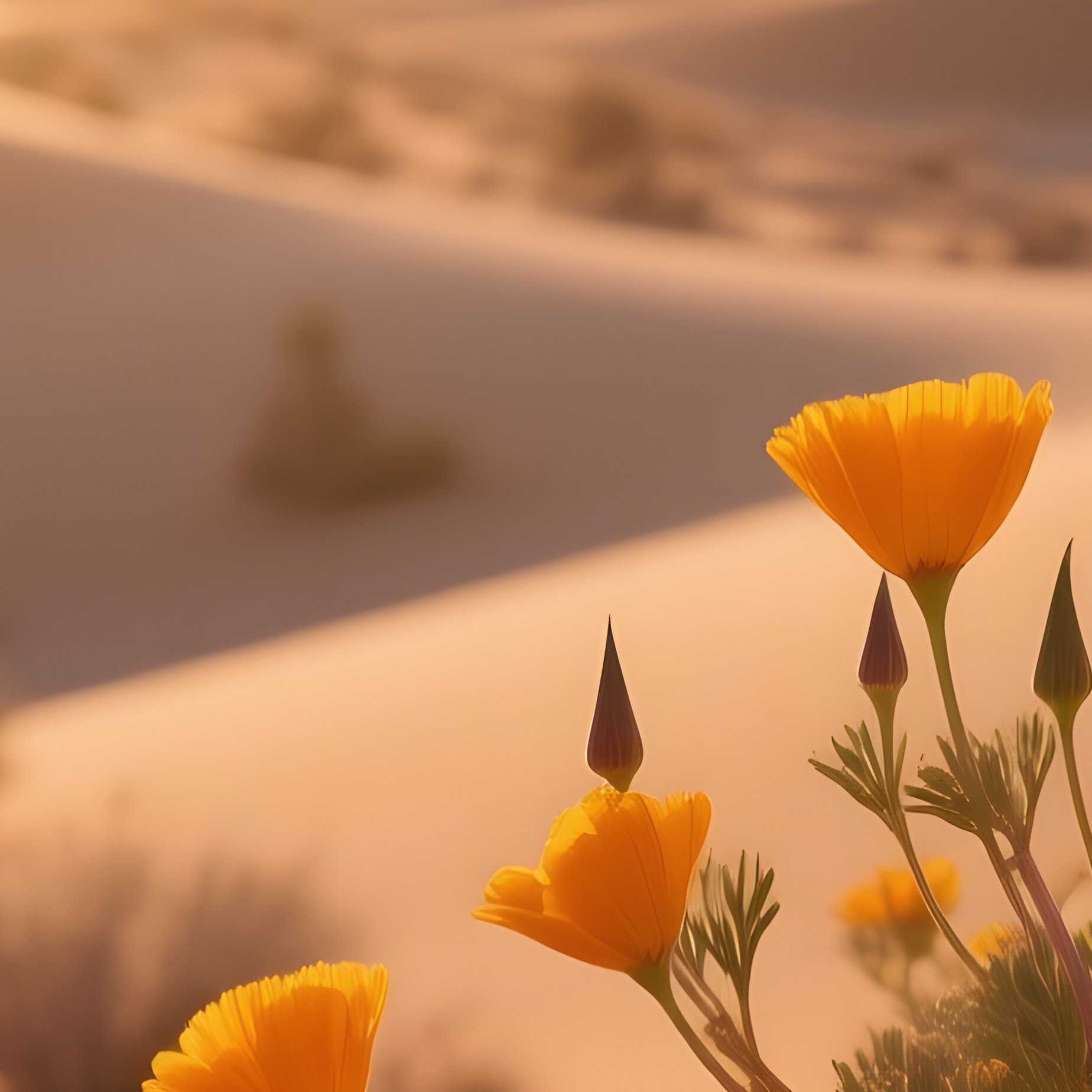 A Serene Desert Landscape At Dawn Where Hardy Desert Marigolds Bloom Among Sand Dunes, Warm Golden - Full Resolution Quality Preview