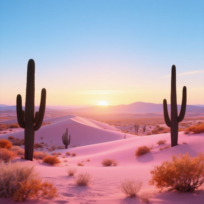 A Serene Desert Landscape At Sunrise In Early Autumn, Sand Dunes Glowing Pink, Sparse Cactus