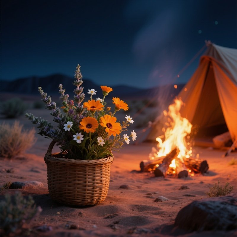 A Serene Desert Night Campfire Scene Where A Woven Basket Holds A Modest Bouquet Of Desert