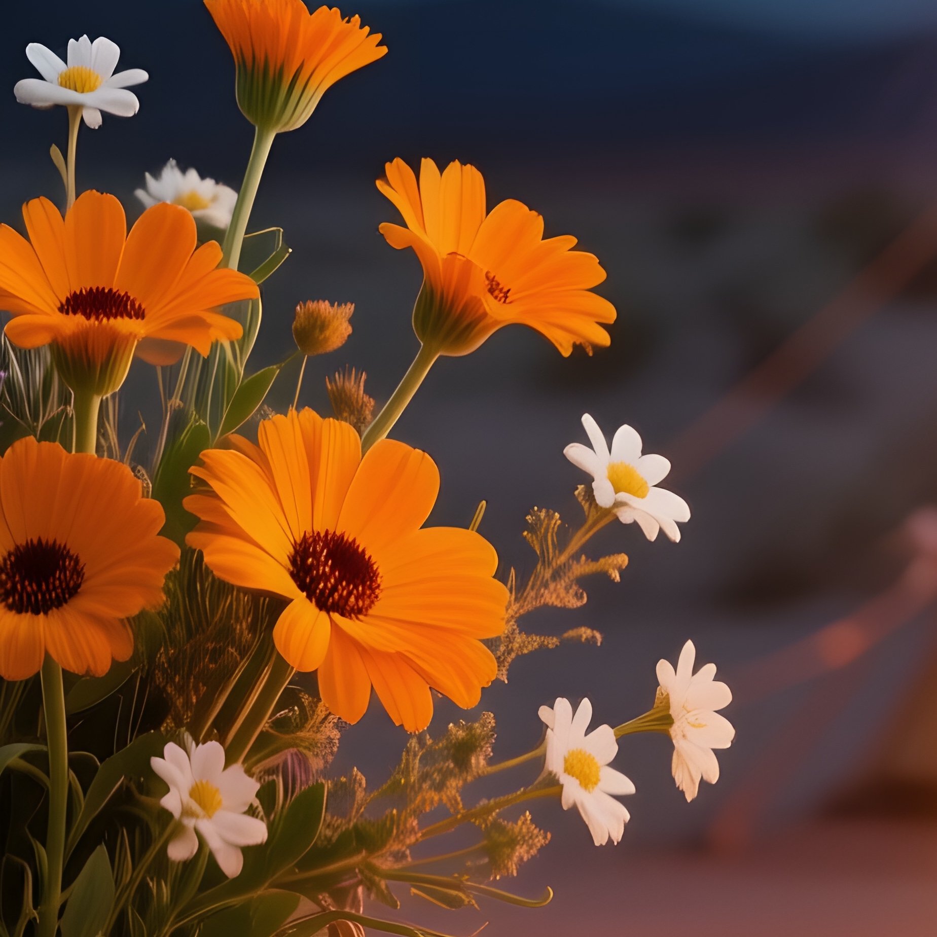 A Serene Desert Night Campfire Scene Where A Woven Basket Holds A Modest Bouquet Of Desert - Full Resolution Quality Preview