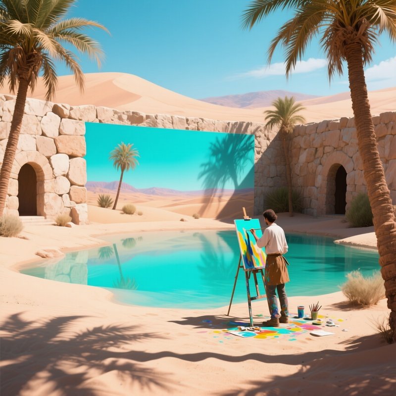 A Serene Desert Oasis At Midday, Palm Shadows Casting Patterns While An Artist Applies Bright