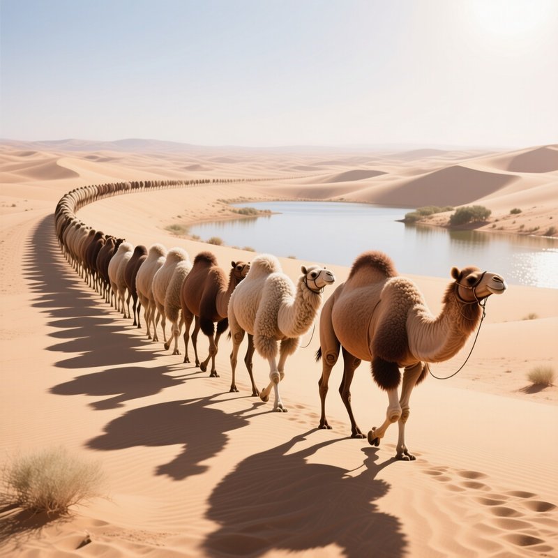 A Serene Desert Oasis At Midday, With A Massive Wool Camel Caravan Walking Across Dunes, Its Fibers