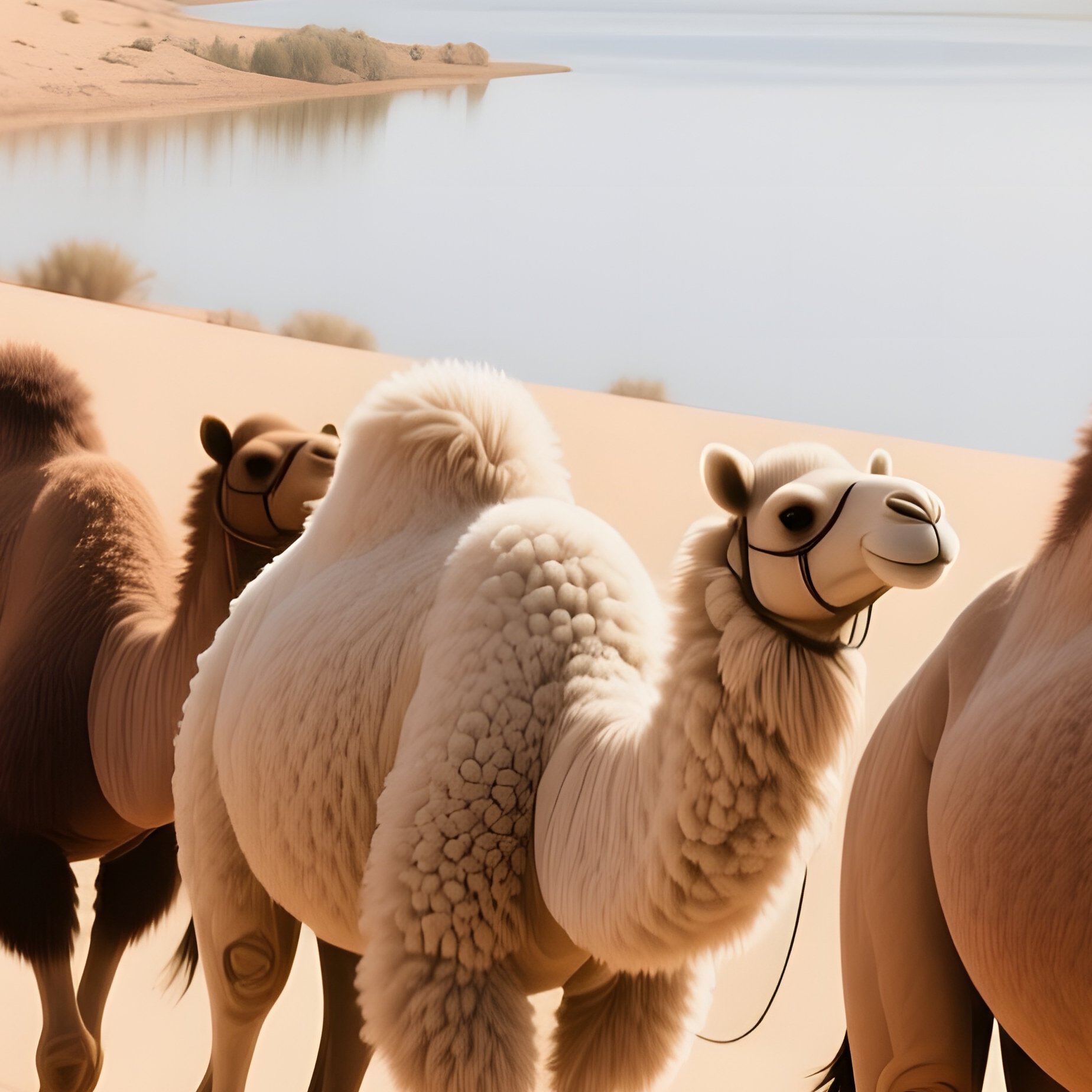 A Serene Desert Oasis At Midday, With A Massive Wool Camel Caravan Walking Across Dunes, Its Fibers - Full Resolution Quality Preview