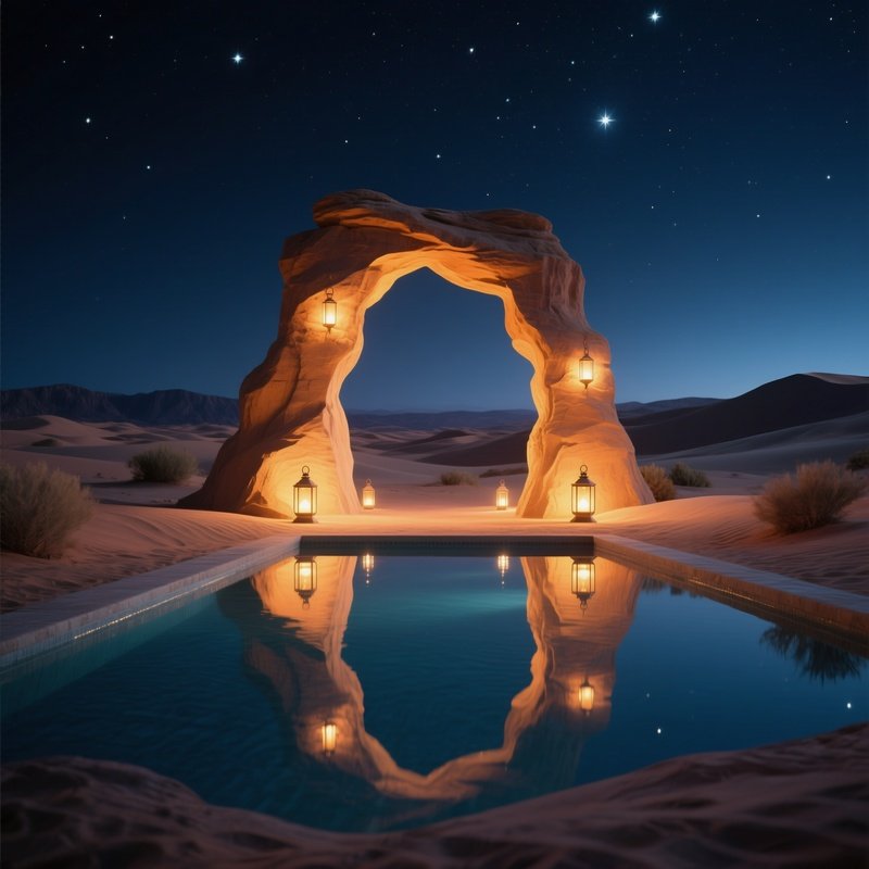 A Serene Desert Oasis At Night With A Glowing Sandstone Archway Sculpture Illuminated By Lanterns,