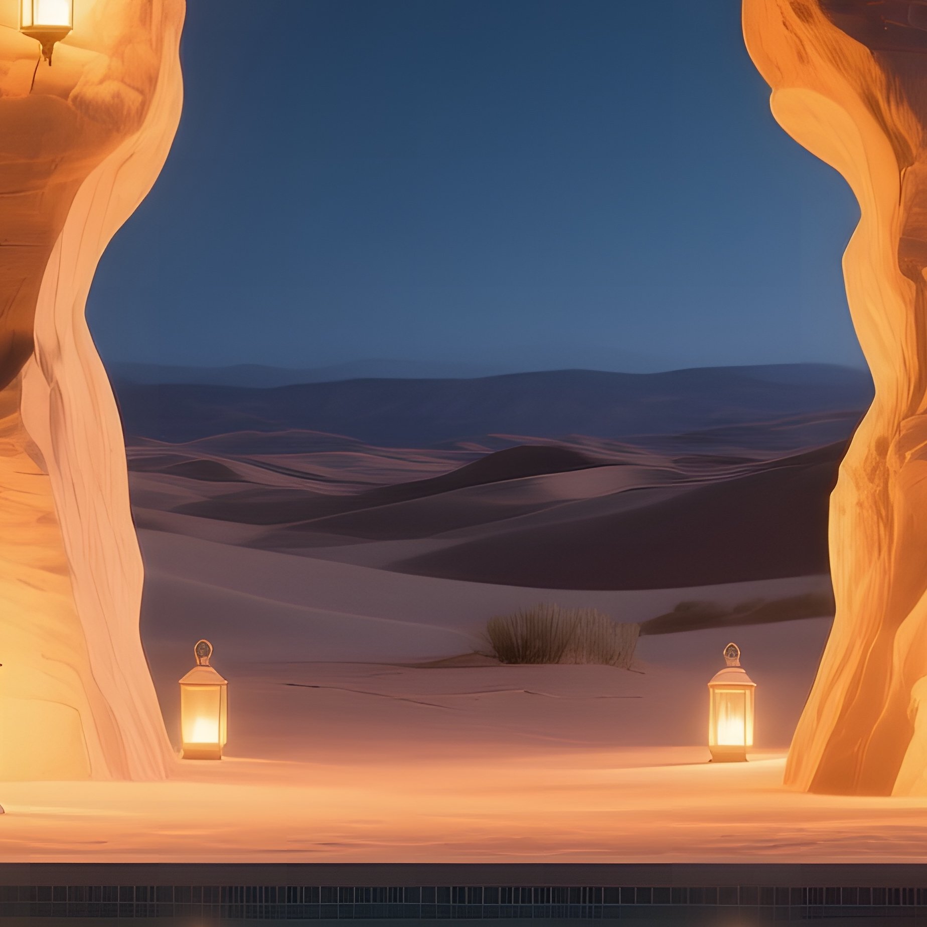 A Serene Desert Oasis At Night With A Glowing Sandstone Archway Sculpture Illuminated By Lanterns, - Full Resolution Quality Preview