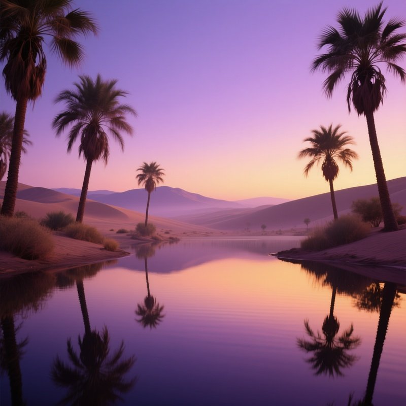 A Serene Desert Oasis At Twilight, Palm Trees Reflected In Still Water, Sky Painted In Gradients Of