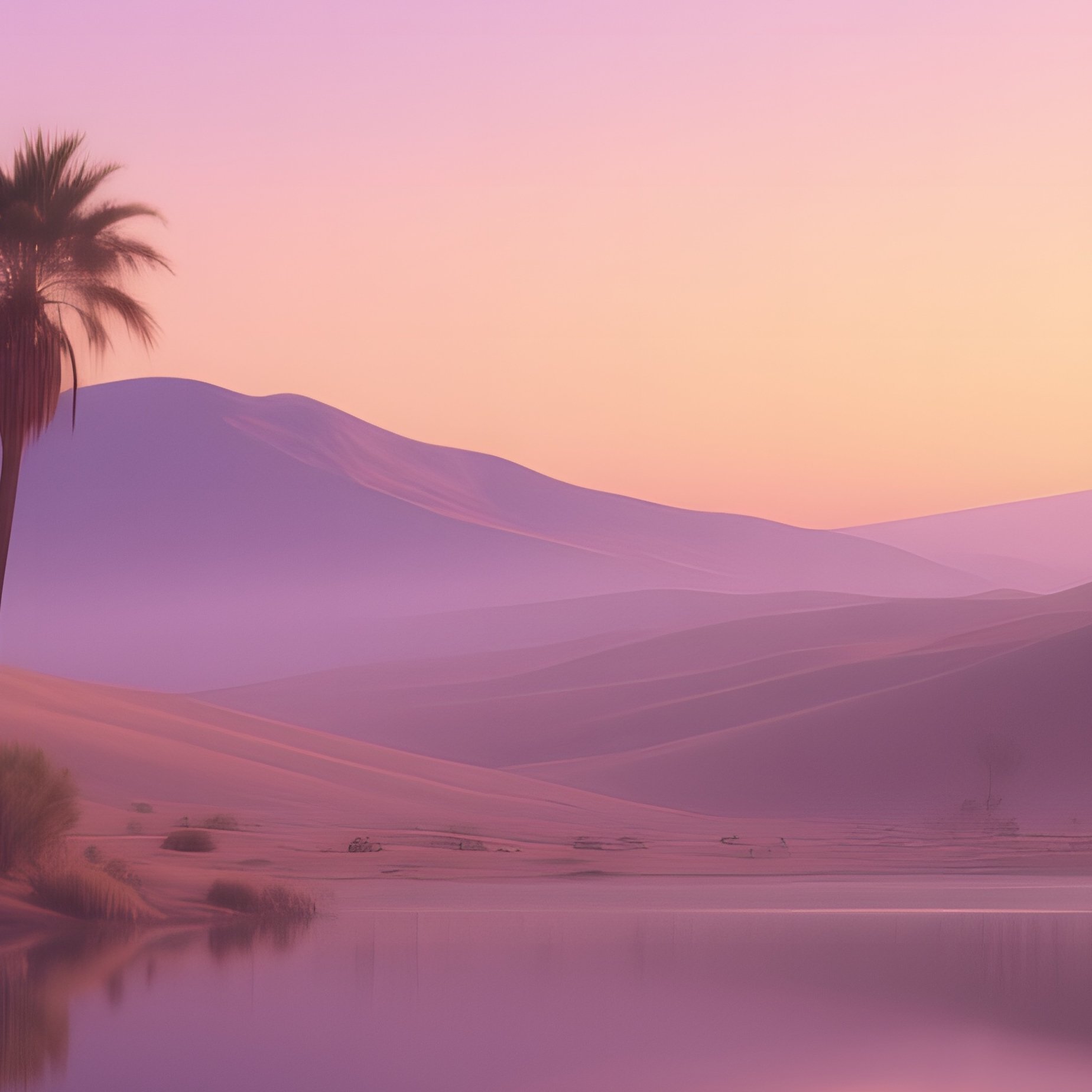 A Serene Desert Oasis At Twilight, Palm Trees Reflected In Still Water, Sky Painted In Gradients Of - Full Resolution Quality Preview