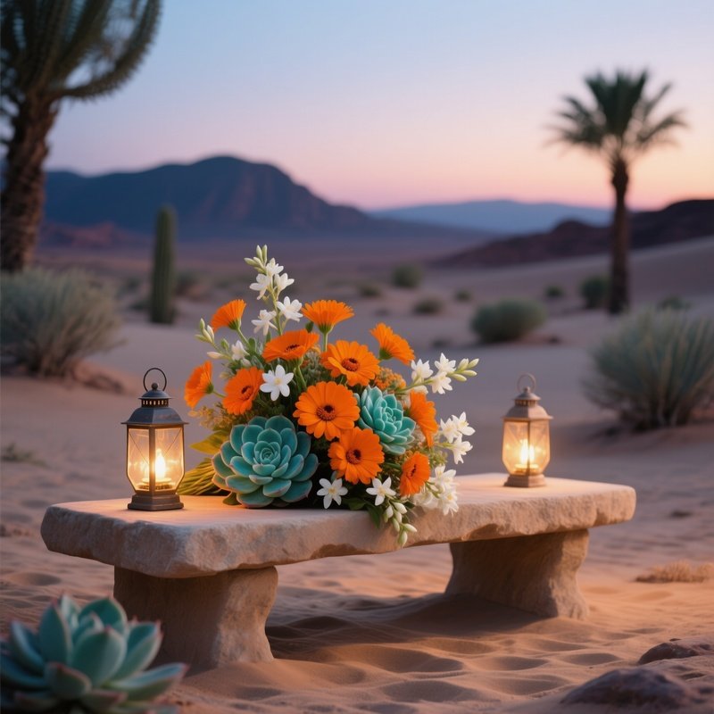 A Serene Desert Oasis At Twilight, Where A Sandstone Bench Holds A Striking Bouquet Of Orange