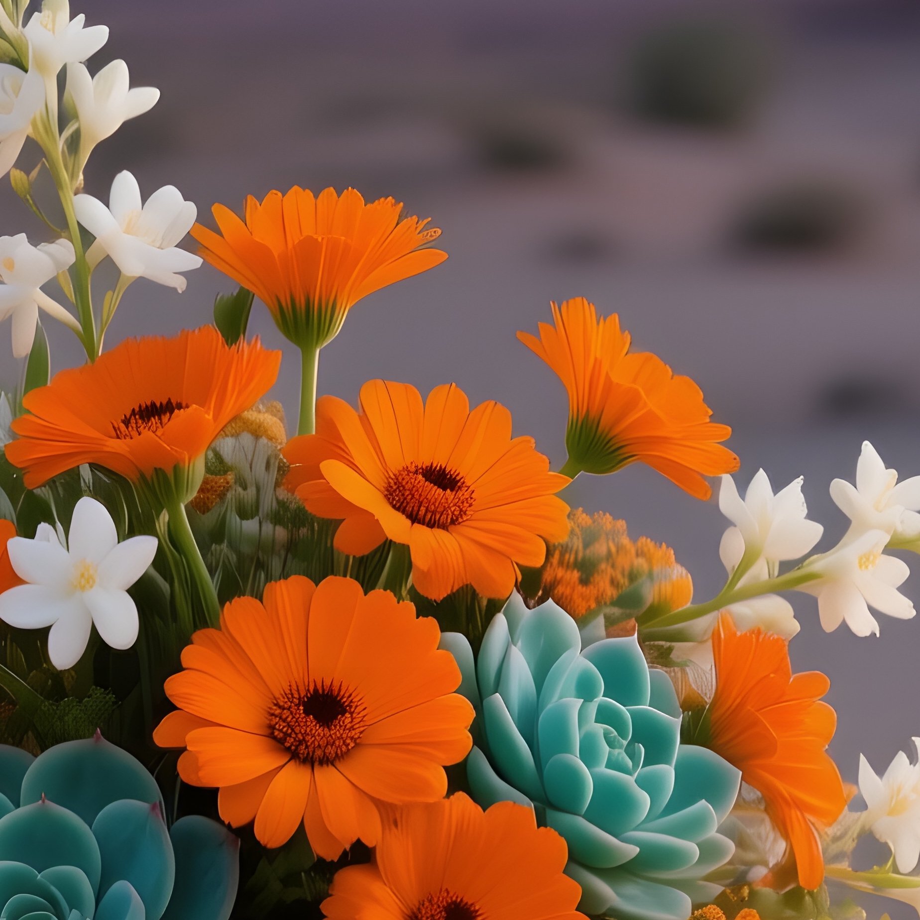 A Serene Desert Oasis At Twilight, Where A Sandstone Bench Holds A Striking Bouquet Of Orange - Full Resolution Quality Preview