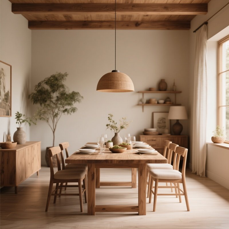 A Serene Dining Room With Natural Materials And Warm Neutral Tones