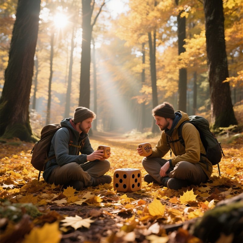 A Serene Early Autumn Forest Clearing, Golden Leaves Carpeted On The Ground As Hikers Pause To Play