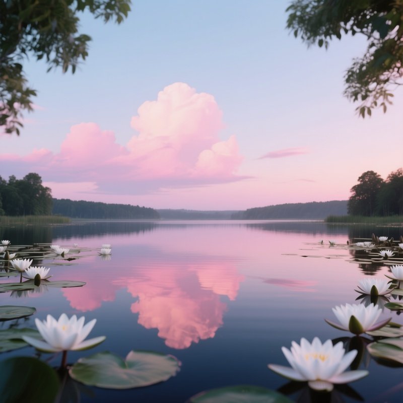 A Serene Early Evening Scene With Soft Pink Clouds Reflected In A Still Lake, White Water Lilies