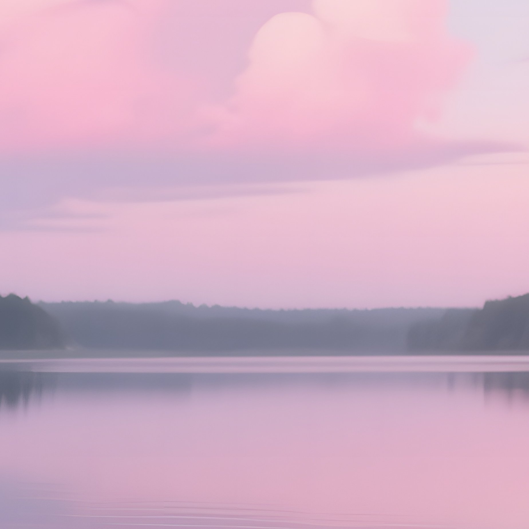 A Serene Early Evening Scene With Soft Pink Clouds Reflected In A Still Lake, White Water Lilies - Full Resolution Quality Preview