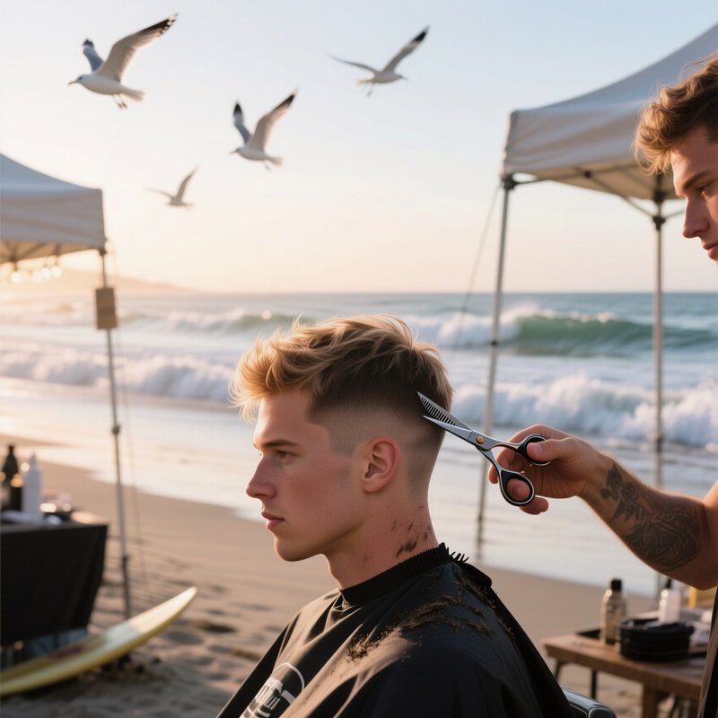 A Serene Early‑Morning Beachside Pop‑Up Salon A Surfer With Sun‑Bleached Hair Gets A Short Crew Cut
