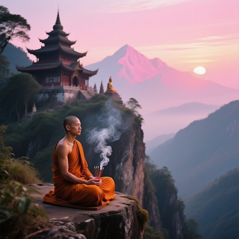 A Serene Early Morning In An Ancient Buddhist Monastery Perched On A Mountain Cliff, Monks In