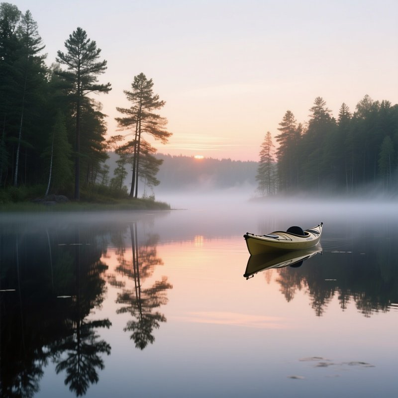 A Serene Early Morning Kayak On A Glassy Lake In Minnesota, Mist Hovering Above Water, Pine Trees