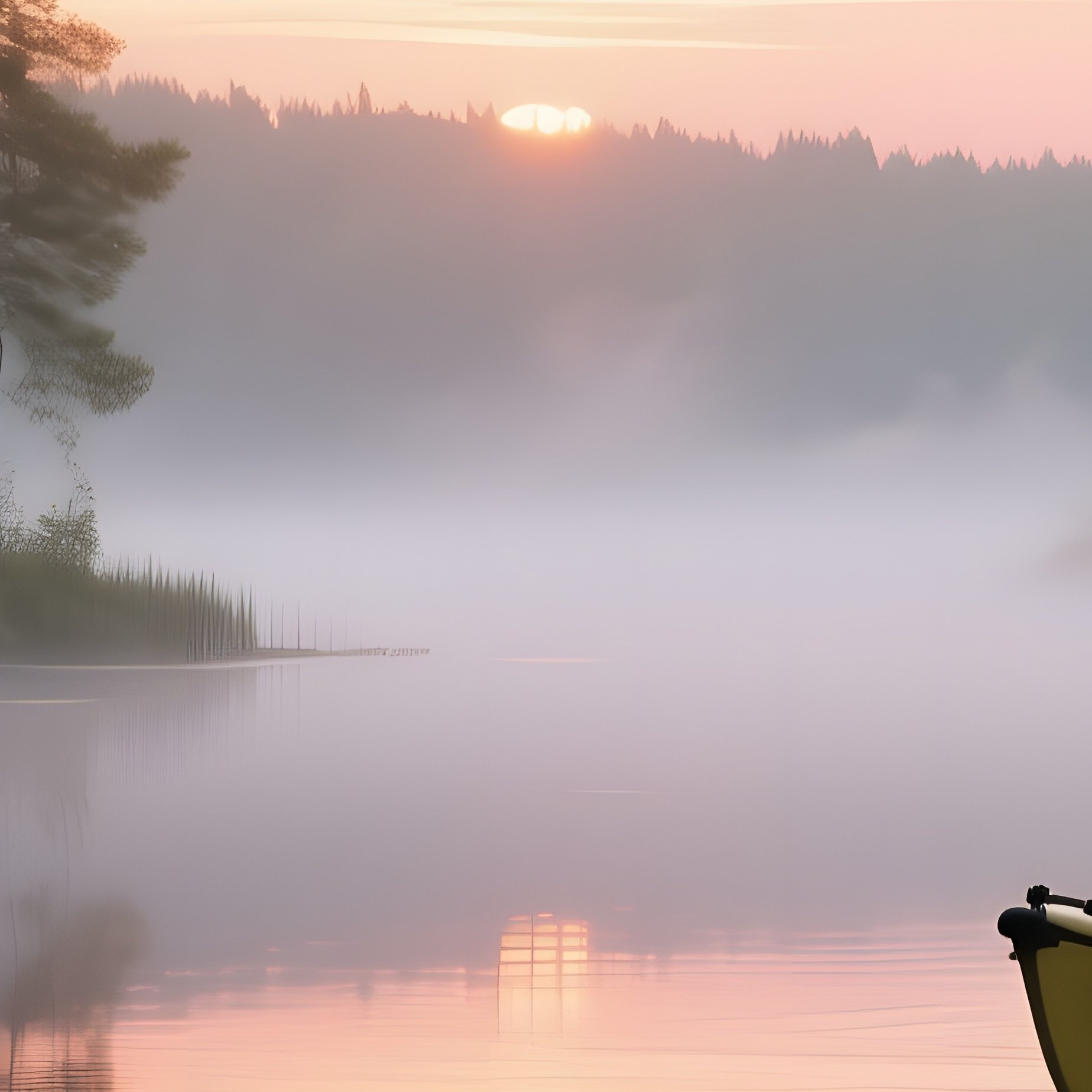 A Serene Early Morning Kayak On A Glassy Lake In Minnesota, Mist Hovering Above Water, Pine Trees - Full Resolution Quality Preview