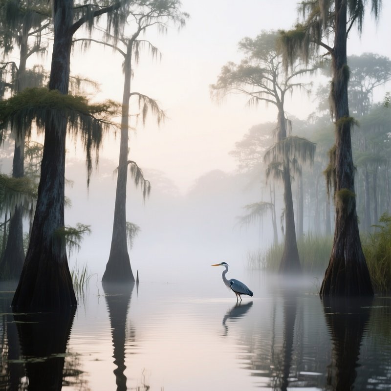 A Serene Early Morning Mist Over The Everglades, Cypress Trees Rising From Water, Herons Wading,