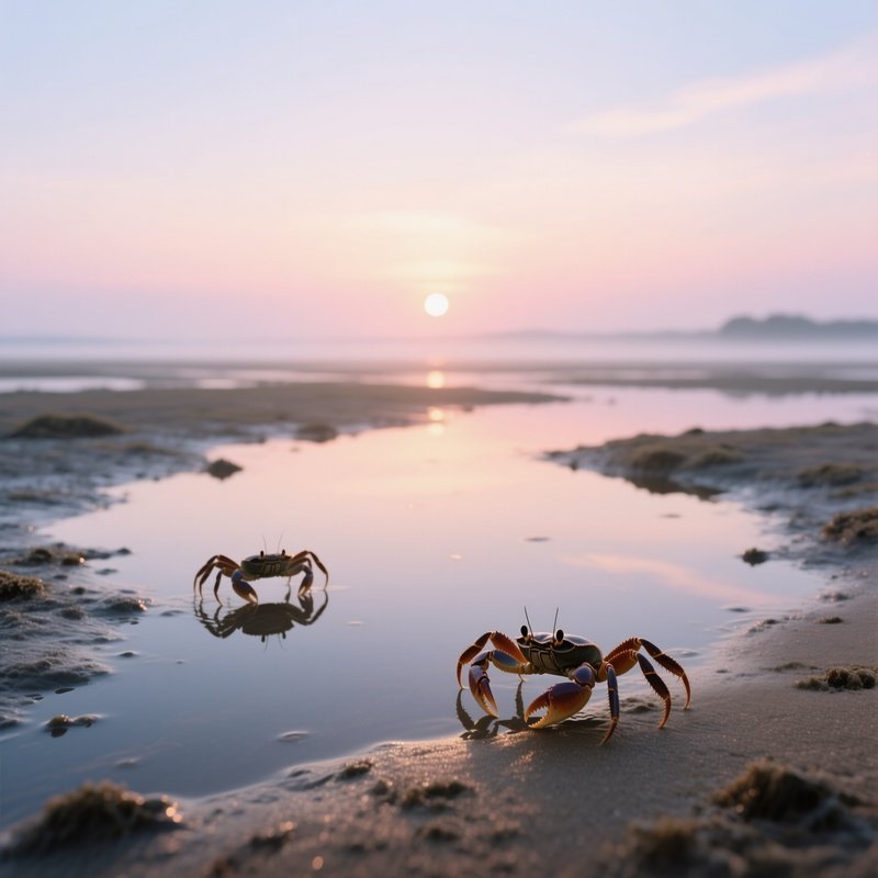 A Serene Early‑Morning Scene Of A Tidal Flat, Shallow Pools Reflecting Pastel Skies, Crabs