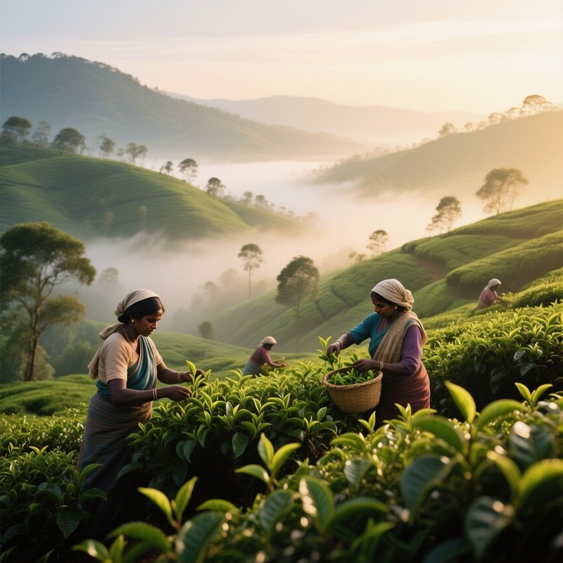 A Serene Early‑Morning View Of A Tea Plantation In Sri Lanka, Mist Clinging To Rolling Hills Of