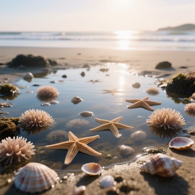 A Serene Early‑Morning View Of A Tide Pool Filled With Starfish And Anemones, Sunlight Filtering
