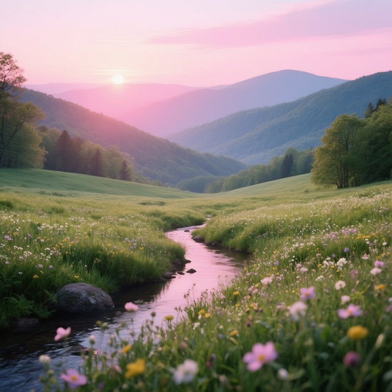 A Serene Early Spring Meadow In The Blue Ridge Mountains, Wildflowers Beginning To Bloom, Gentle
