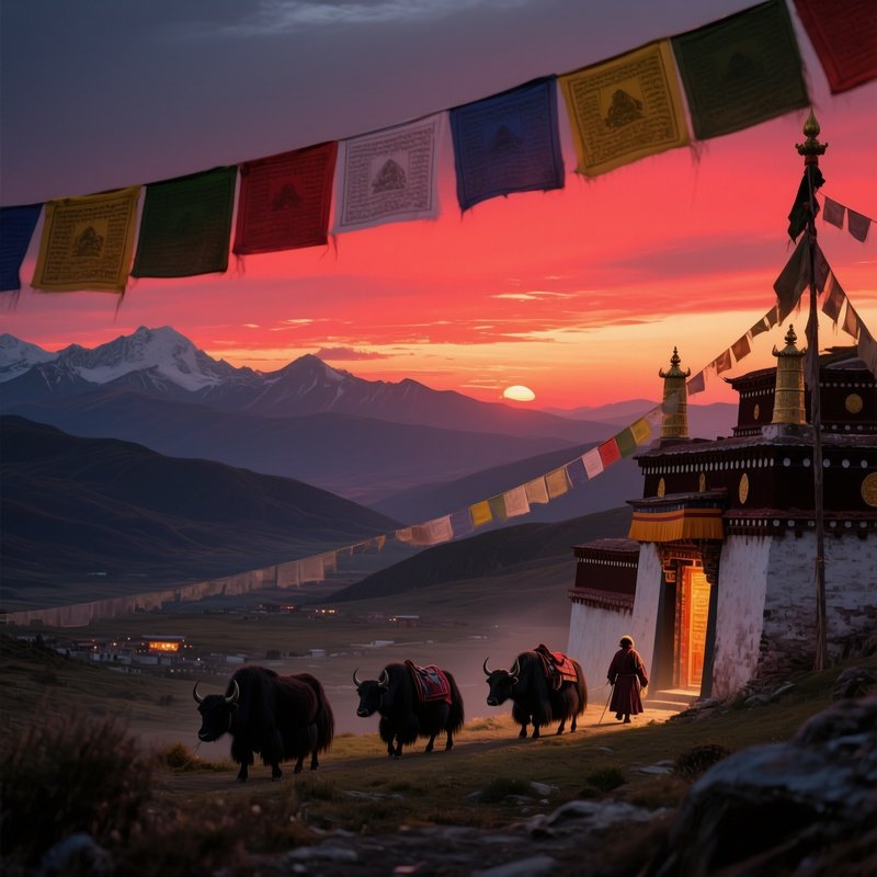 A Serene Evening At A Tibetan Plateau Monastery, Prayer Flags Fluttering Against A Crimson Sunset,