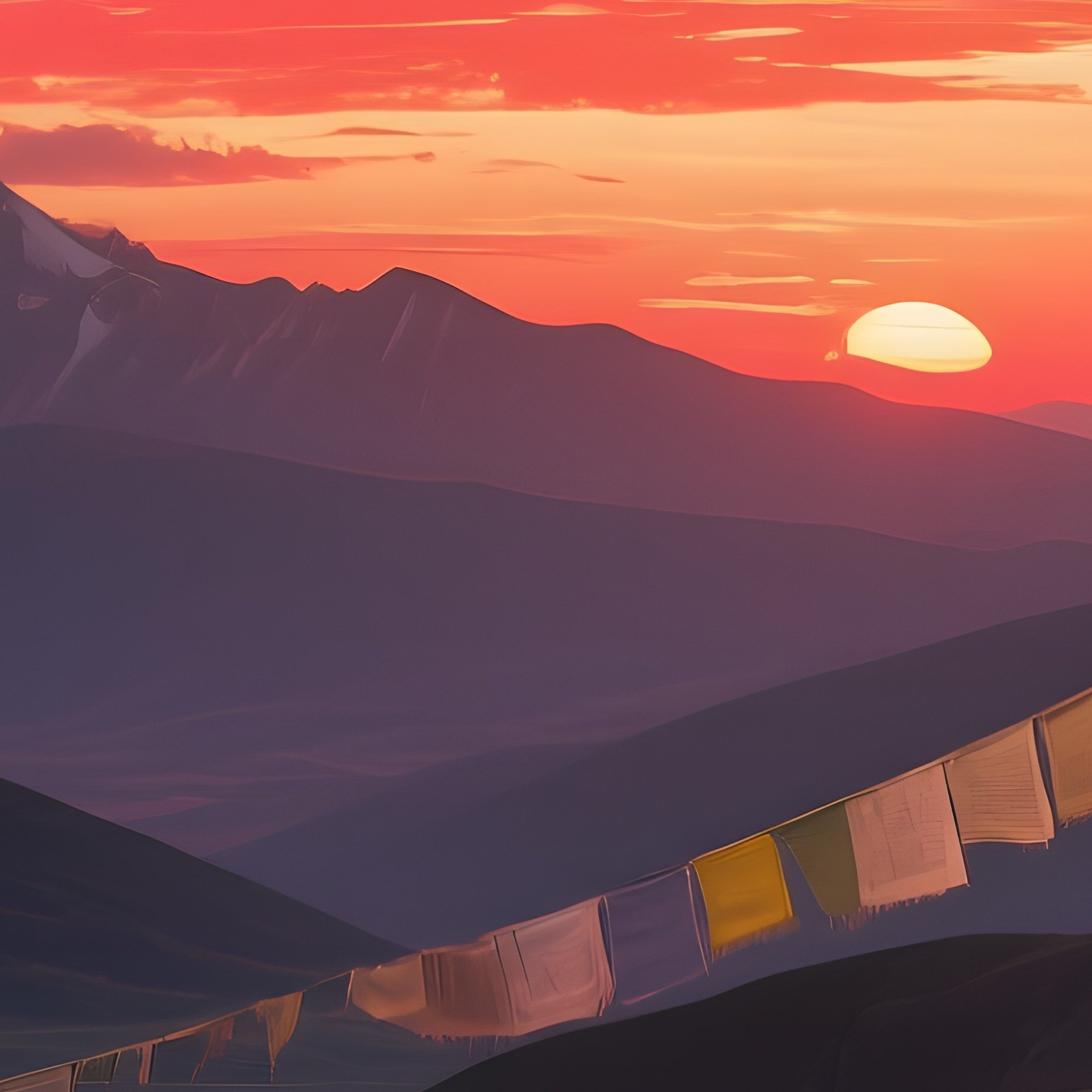A Serene Evening At A Tibetan Plateau Monastery, Prayer Flags Fluttering Against A Crimson Sunset, - Full Resolution Quality Preview