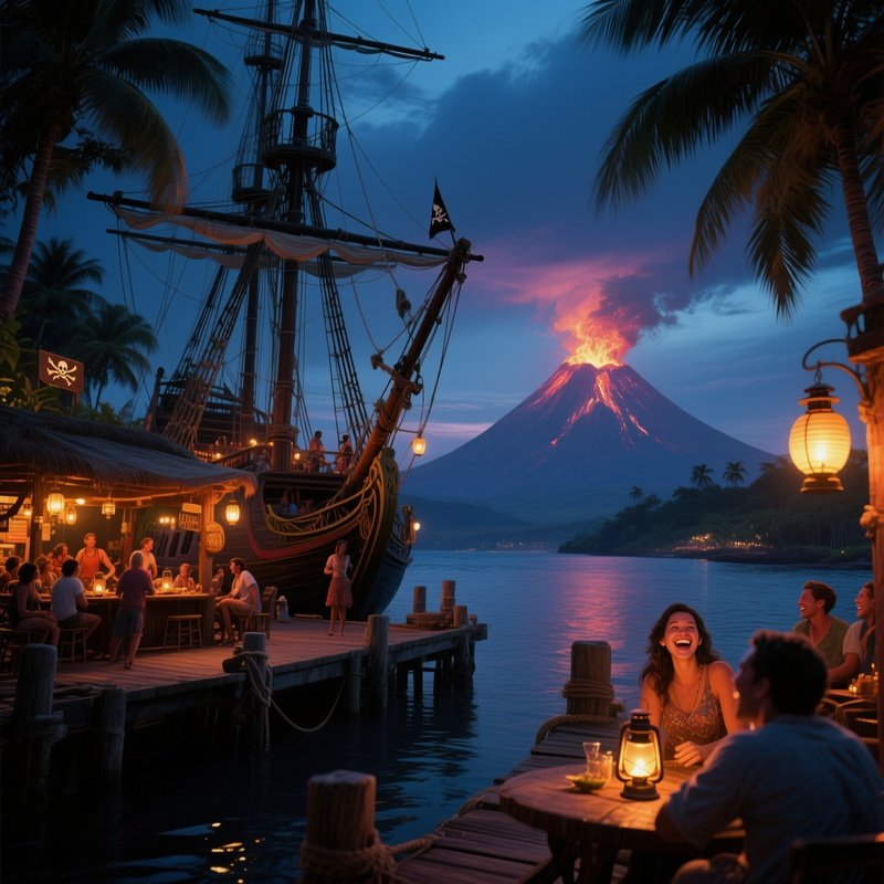 A Serene Evening At A Tropical Tavern Docked Beside A Pirate Ship, Lanterns Swaying, Patrons