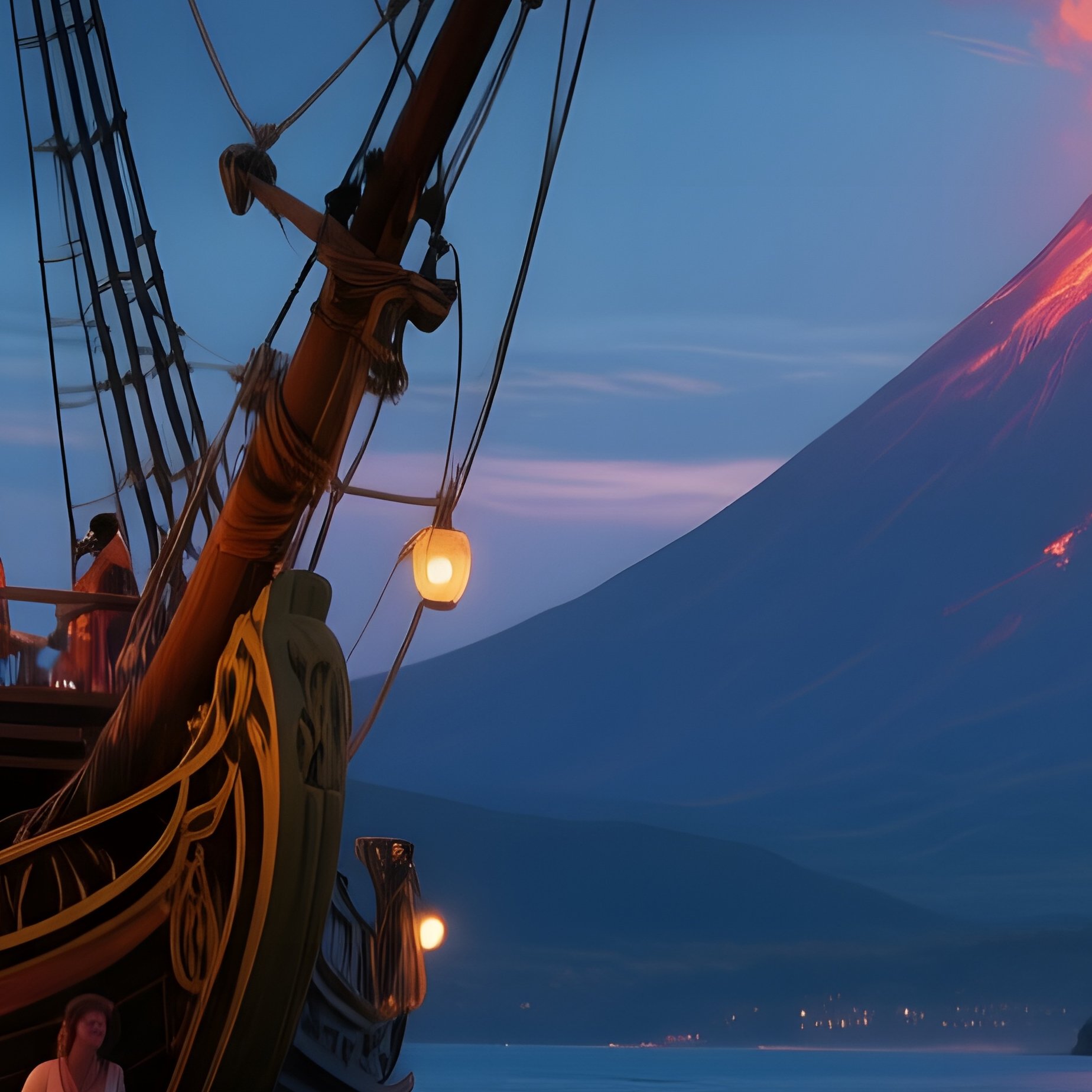 A Serene Evening At A Tropical Tavern Docked Beside A Pirate Ship, Lanterns Swaying, Patrons - Full Resolution Quality Preview