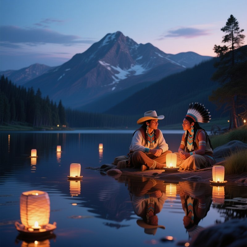 A Serene Evening By A Mountain Lake With Lanterns Floating On Water, Reflections Shimmering, A