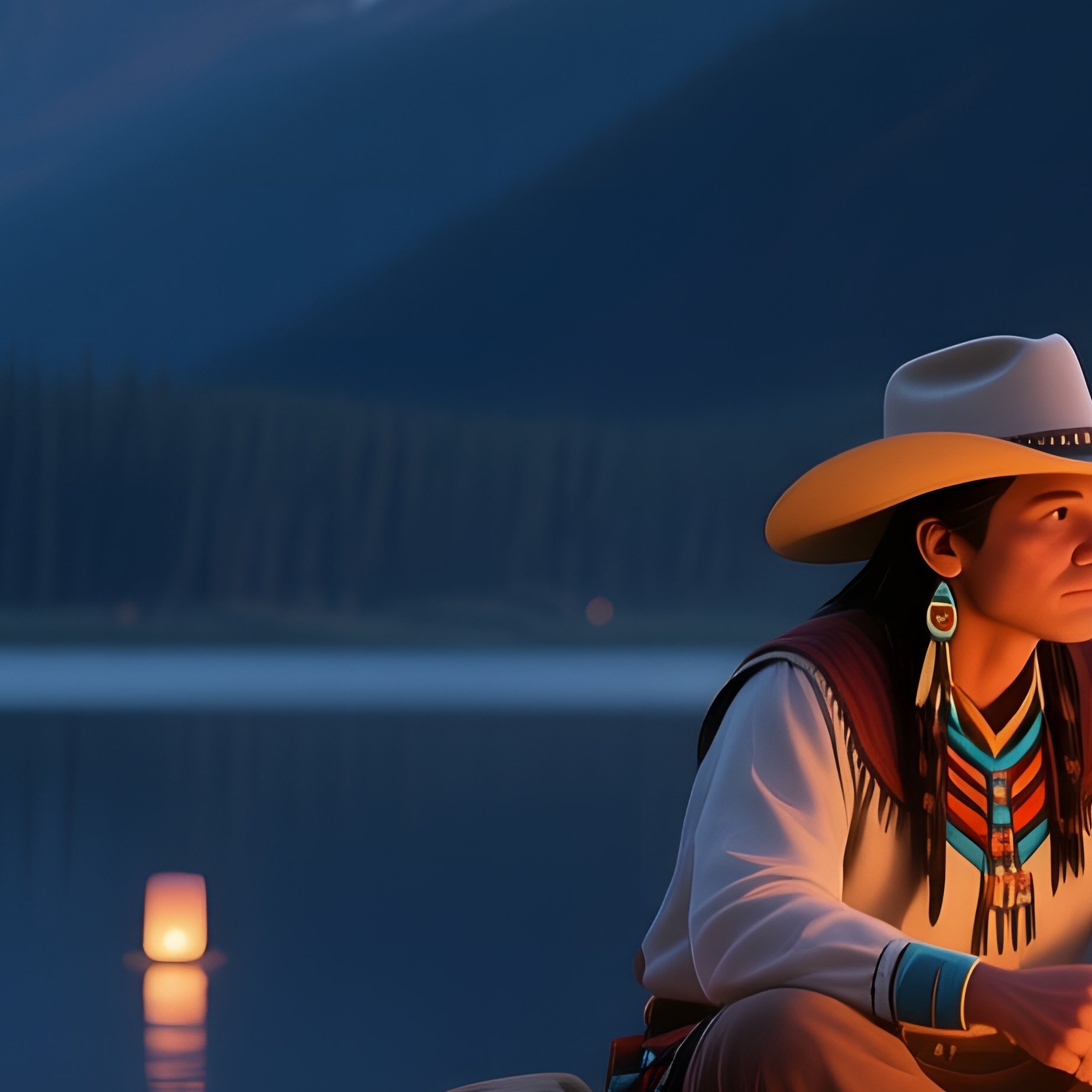 A Serene Evening By A Mountain Lake With Lanterns Floating On Water, Reflections Shimmering, A - Full Resolution Quality Preview