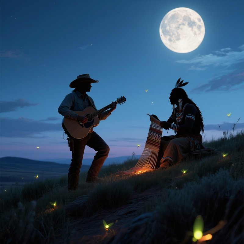 A Serene Evening On A Prairie Ridge Under A Full Moon, Fireflies Glowing, A Cowboy Strums A Guitar