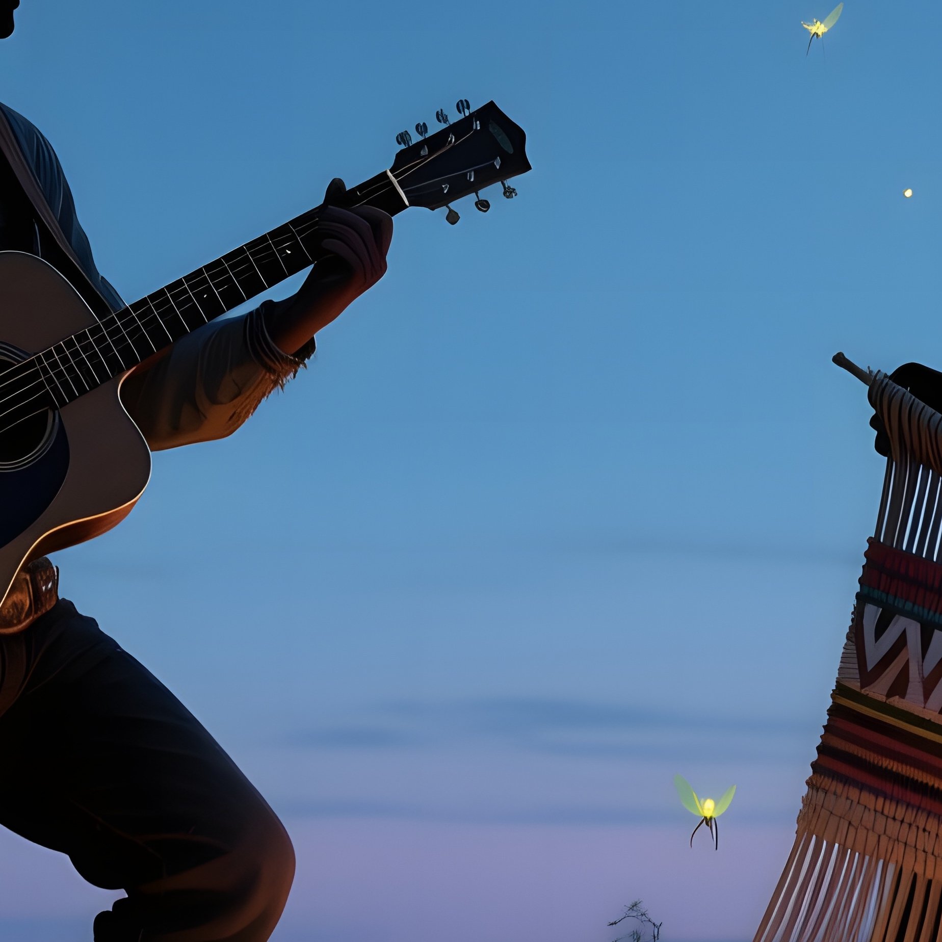 A Serene Evening On A Prairie Ridge Under A Full Moon, Fireflies Glowing, A Cowboy Strums A Guitar - Full Resolution Quality Preview