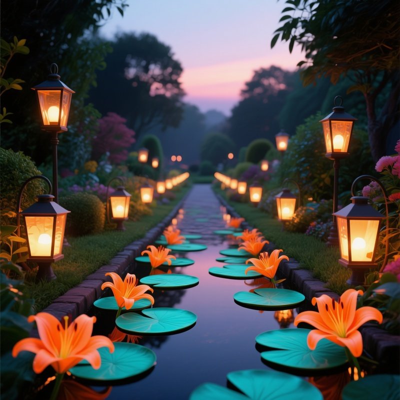 A Serene Garden Path At Dusk Lined With Lanterns, Each Illuminating A Pop‑Art Lily Pad In Vibrant