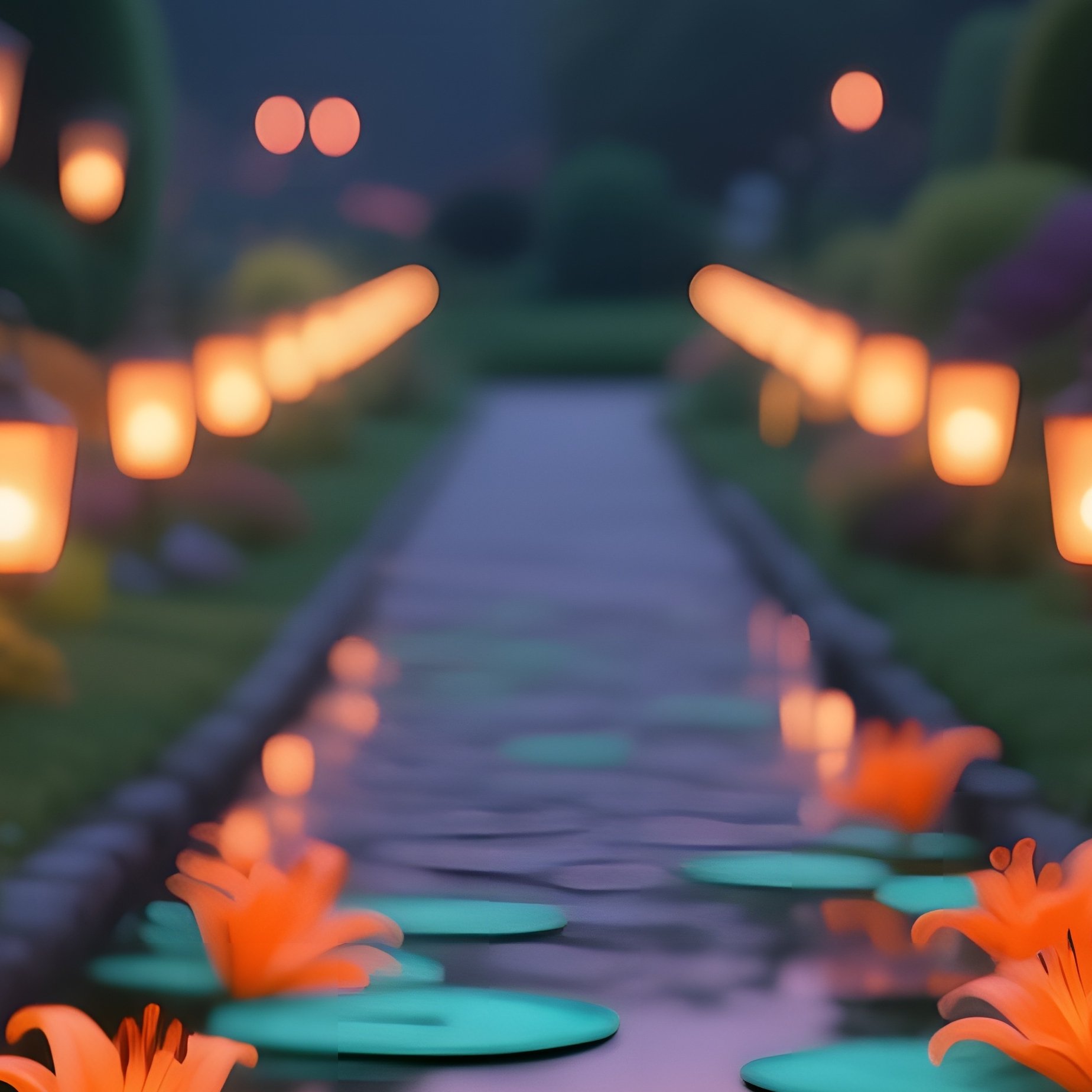 A Serene Garden Path At Dusk Lined With Lanterns, Each Illuminating A Pop‑Art Lily Pad In Vibrant - Full Resolution Quality Preview