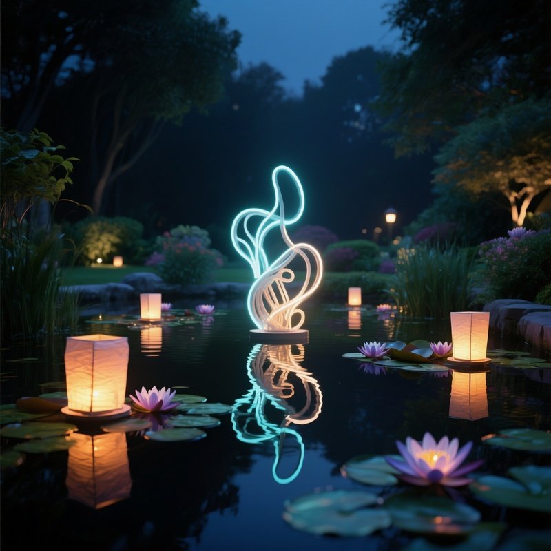 A Serene Garden Pond At Night Where Floating Lanterns Encase Abstract Led Sculptures, Their Gentle
