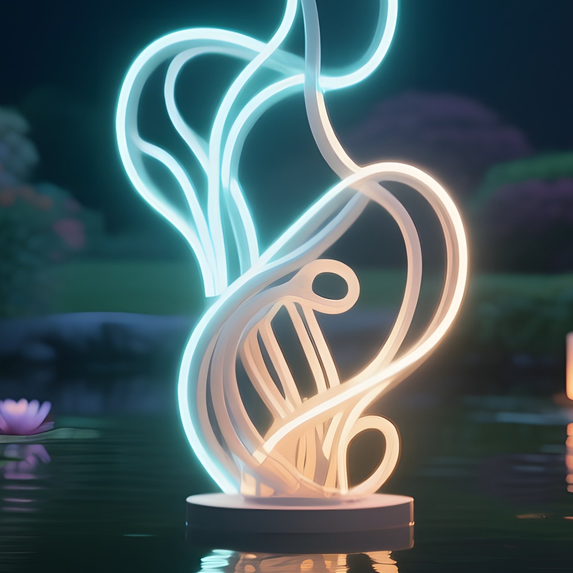 A Serene Garden Pond At Night Where Floating Lanterns Encase Abstract Led Sculptures, Their Gentle - Full Resolution Quality Preview