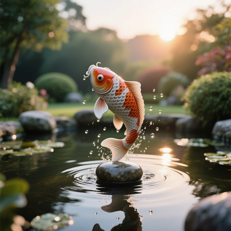 A Serene Garden Pond Where A Smooth Pebble Sculpture Of A Koi Fish Leaps Out Of The Water, Droplets