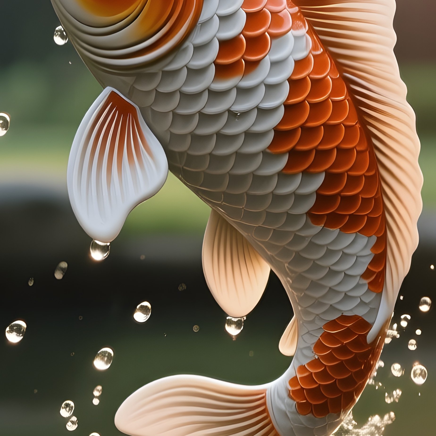 A Serene Garden Pond Where A Smooth Pebble Sculpture Of A Koi Fish Leaps Out Of The Water, Droplets - Full Resolution Quality Preview