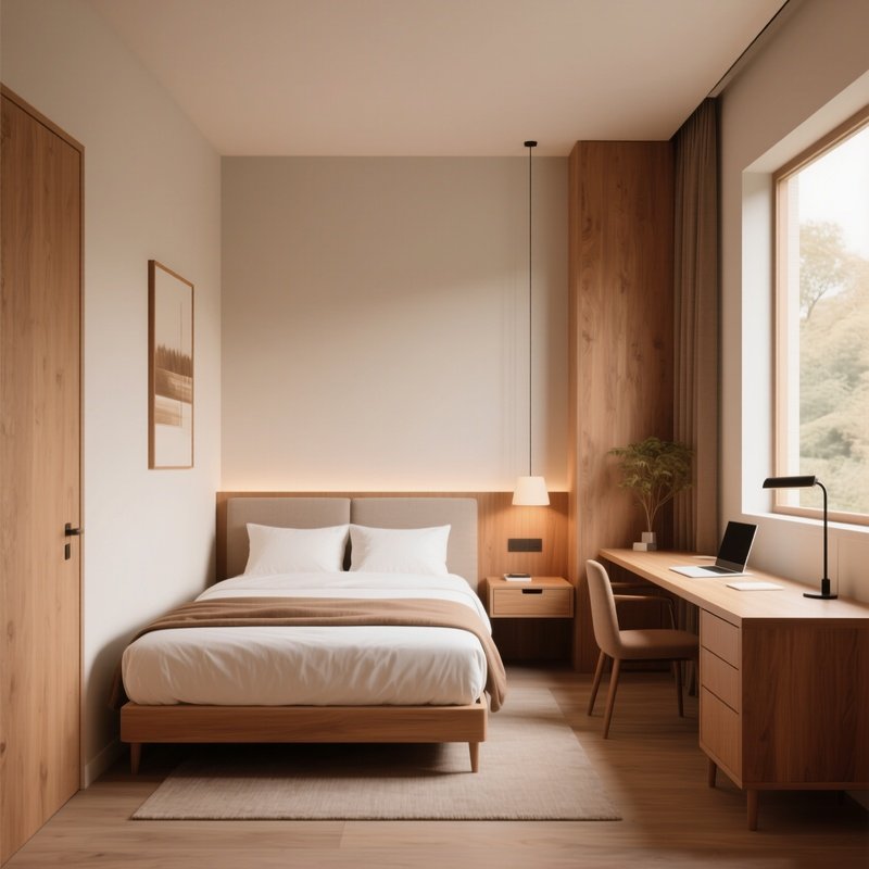 A Serene Guest Room Showcasing A Compact Designer Bed, A Slim Writing Desk, And Natural Materials In Warm Earth Tones