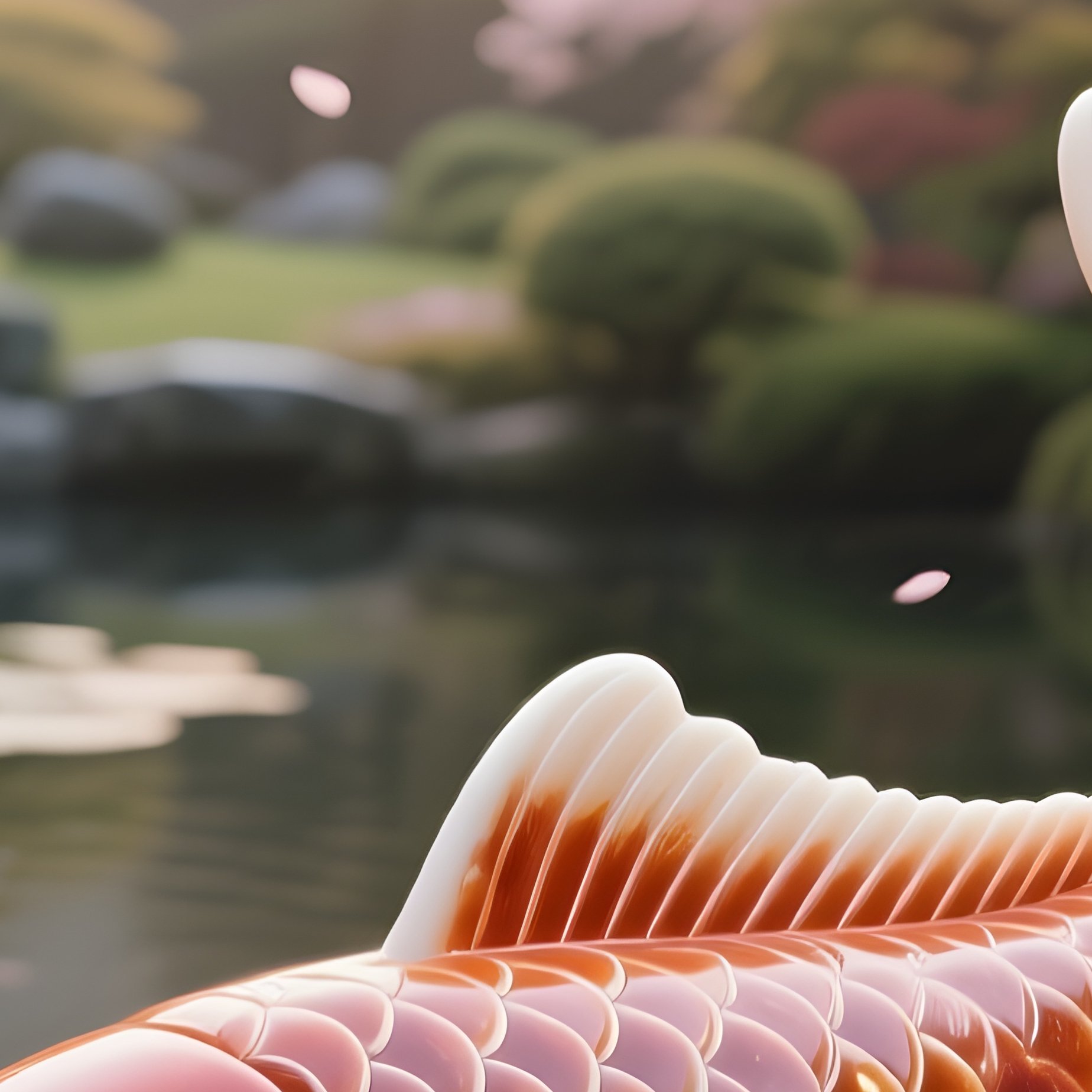 A Serene Japanese Garden At Dawn With Cherry Blossoms Falling Onto A Koi Pond Where A Koi Fish - Full Resolution Quality Preview