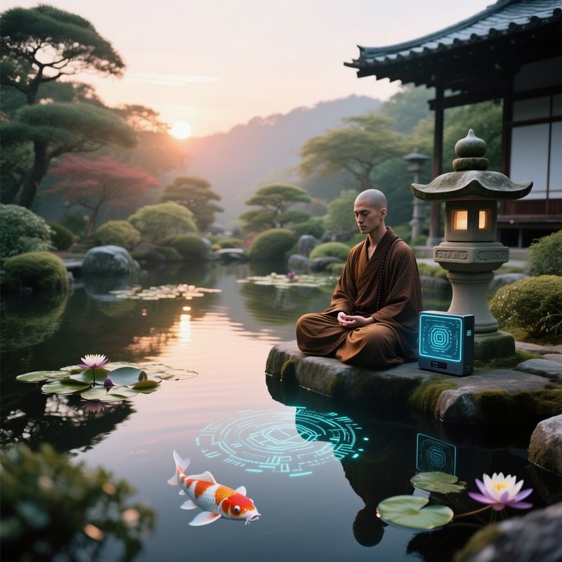 A Serene Japanese Garden At Sunrise, Koi Ponds Shimmering, A Monk‑Hacker Meditating Beside A Stone
