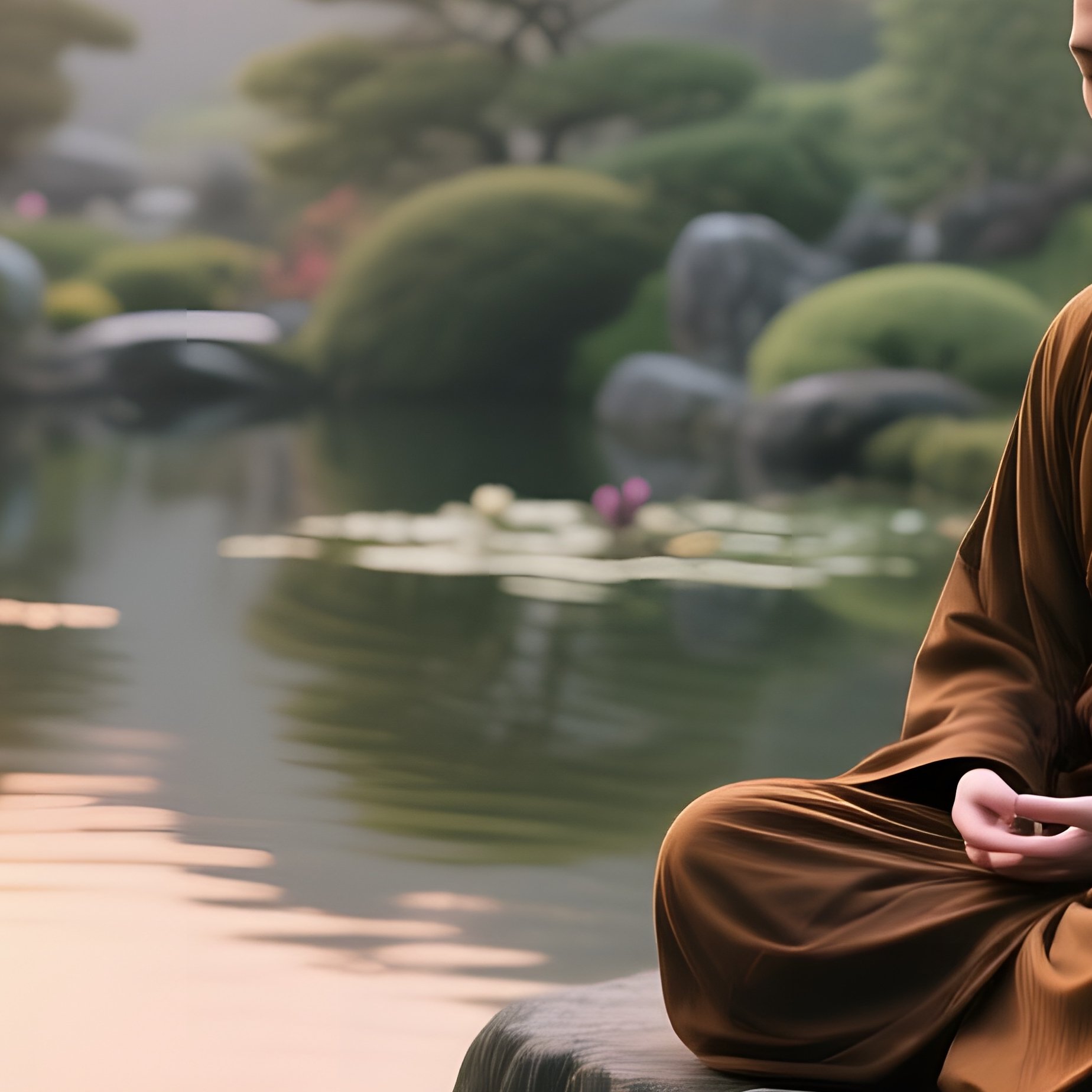 A Serene Japanese Garden At Sunrise, Koi Ponds Shimmering, A Monk‑Hacker Meditating Beside A Stone - Full Resolution Quality Preview