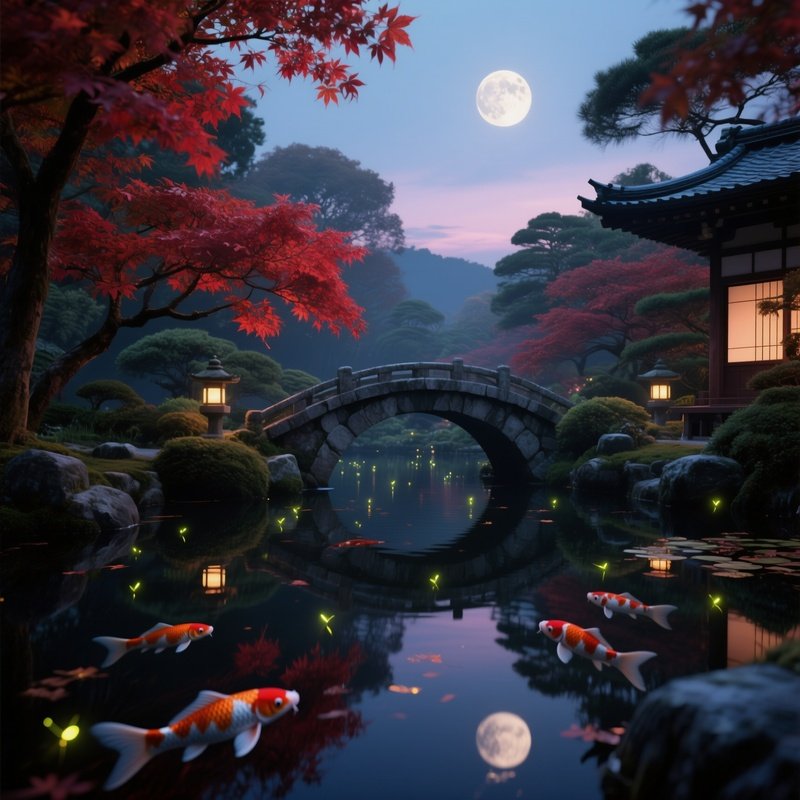 A Serene Japanese Garden At Twilight, Koi Pond Mirroring Crimson Maple Leaves, Stone Bridges