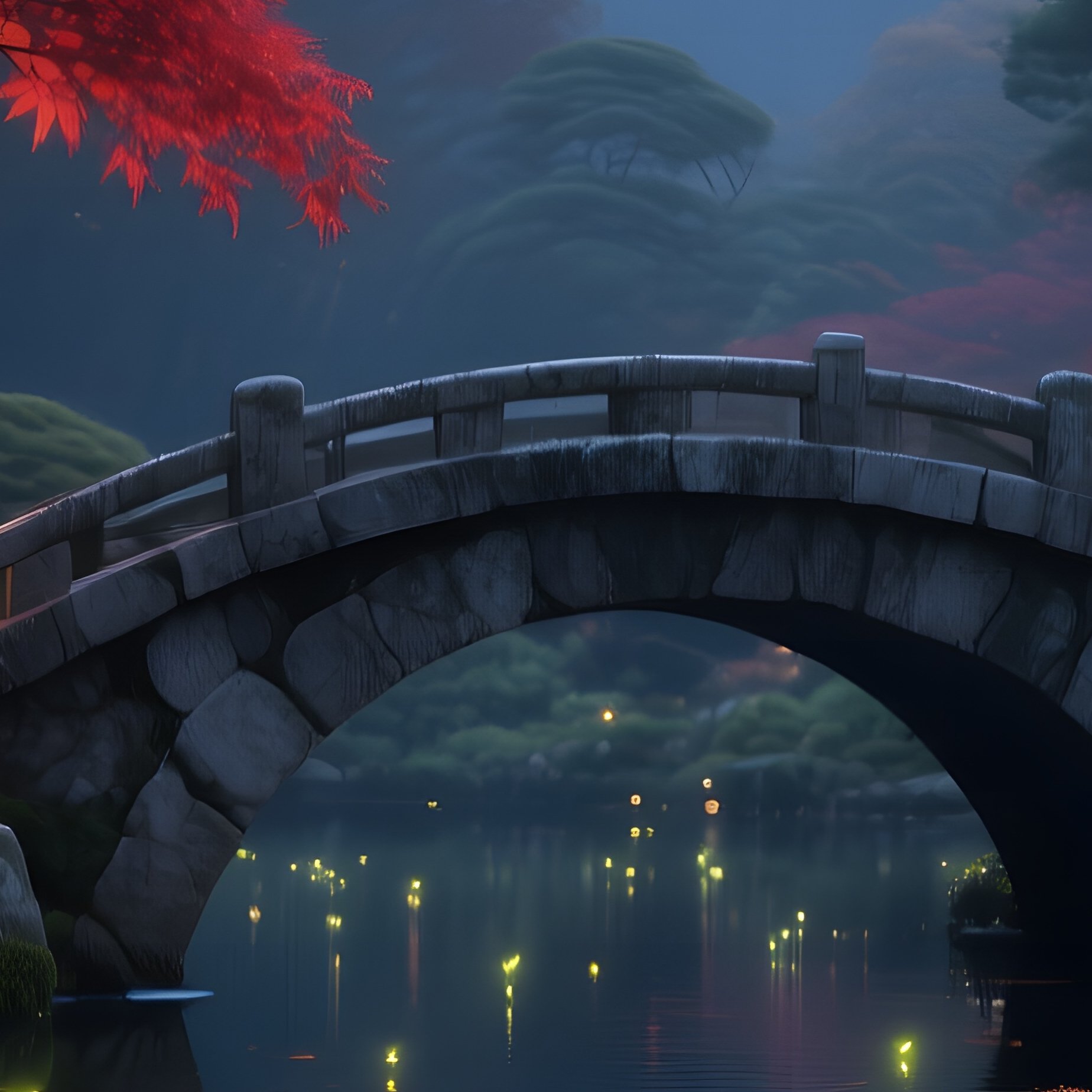 A Serene Japanese Garden At Twilight, Koi Pond Mirroring Crimson Maple Leaves, Stone Bridges - Full Resolution Quality Preview