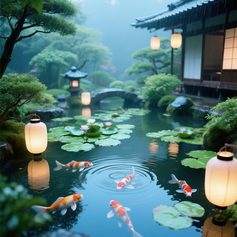 A Serene Japanese Garden Pond With Koi Fish Swimming Beneath Lily Pads, Pastel Greens And Blues,