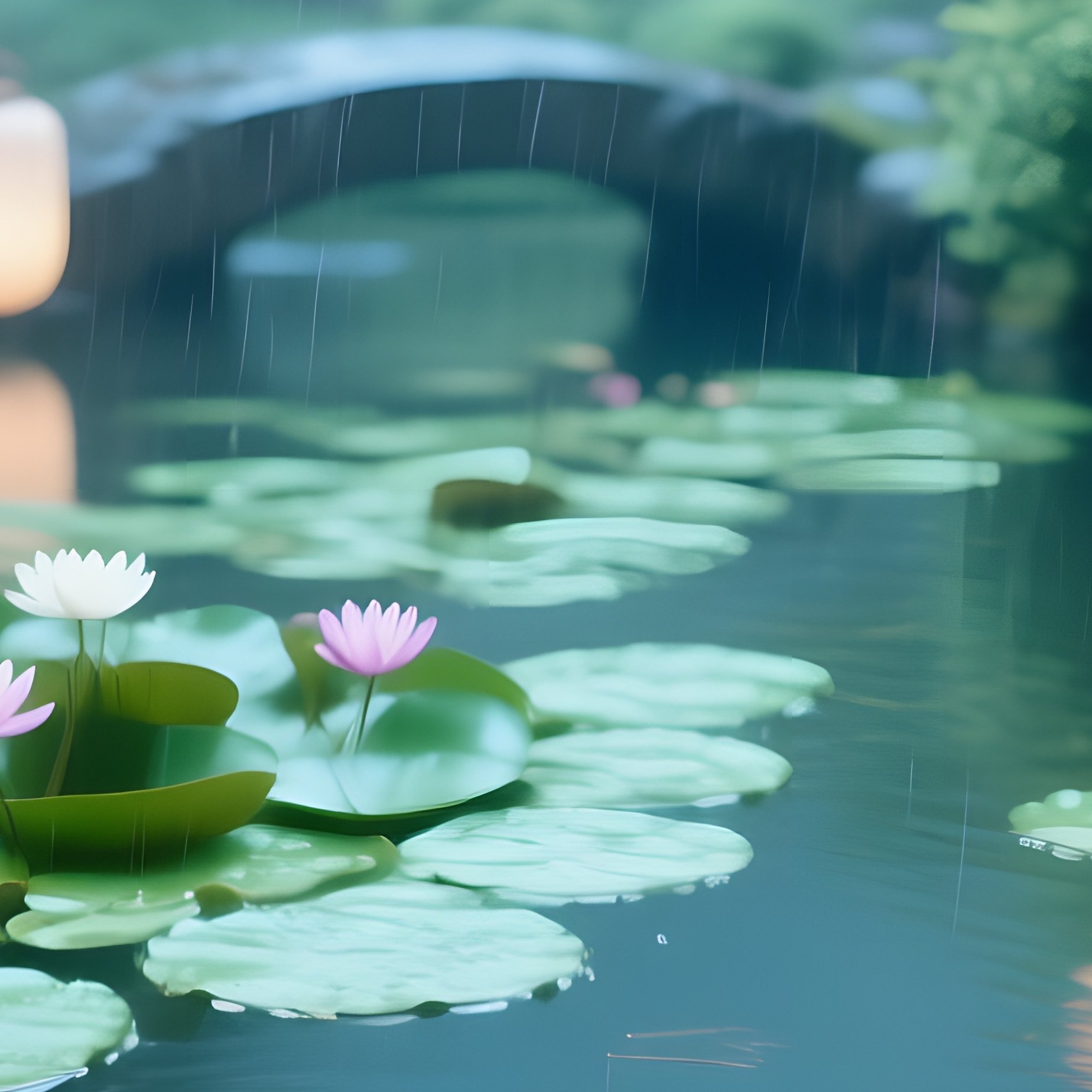 A Serene Japanese Garden Pond With Koi Fish Swimming Beneath Lily Pads, Pastel Greens And Blues, - Full Resolution Quality Preview