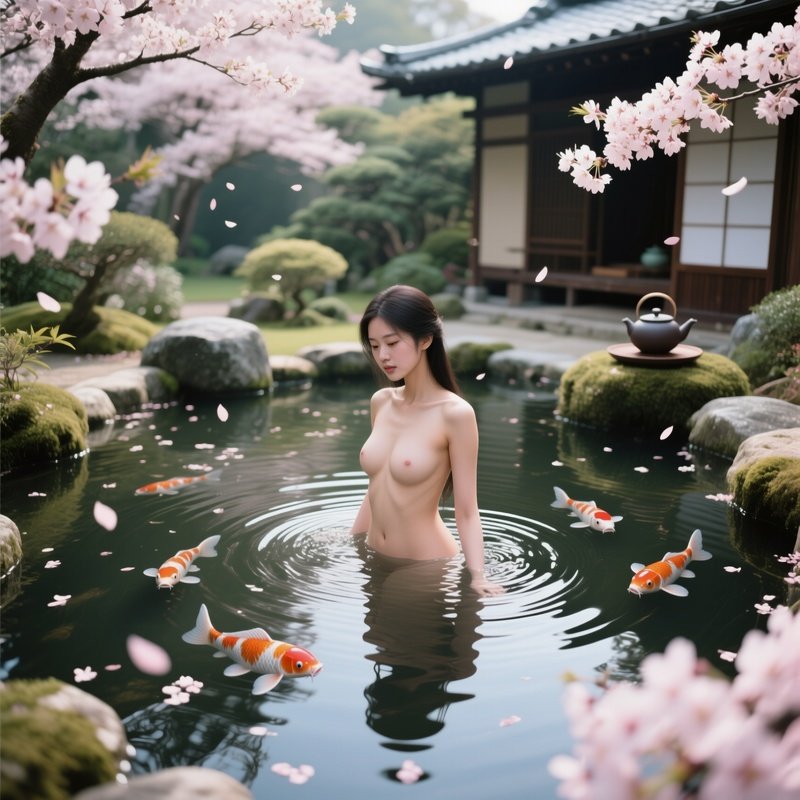 A Serene Japanese Tea Garden, A Naked Woman In A Koi Pond, Water Rippling Around Her, Cherry